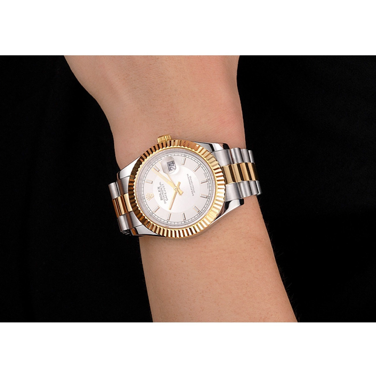 Aaa replica watch Rolex White Two Gold Tone Case Swiss Stainless Steel Bezel Bracelet Datejust Gold Dial 0806